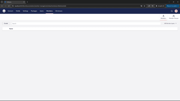 Umbraco backoffice: members tab